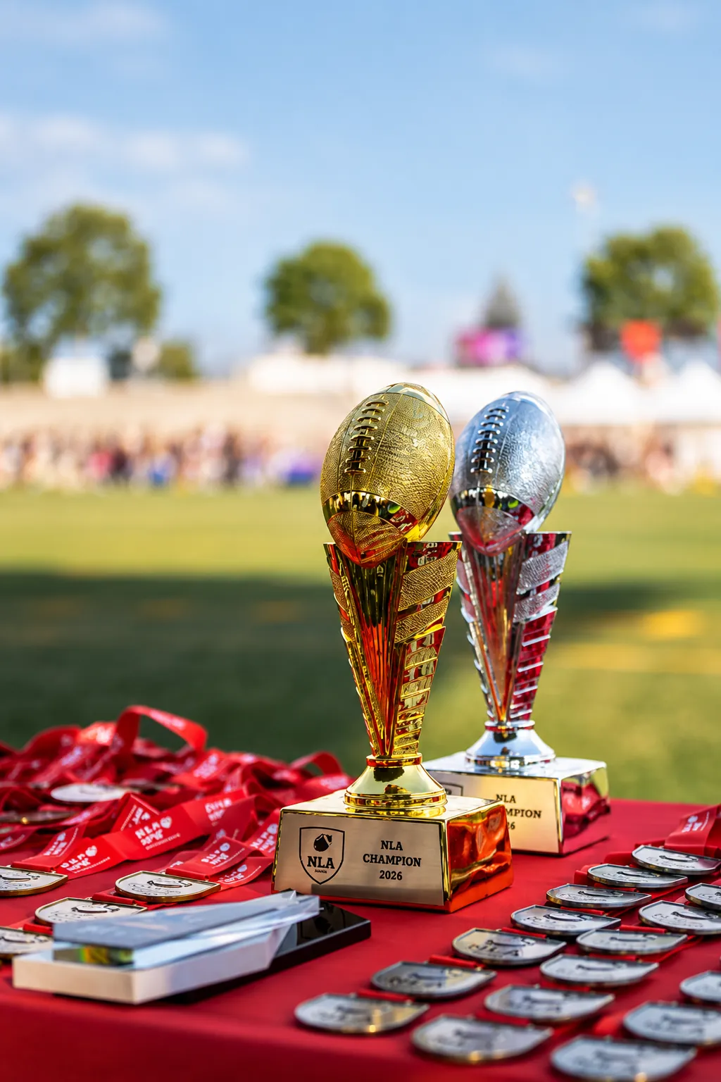 NLA champion trophies and medals on the sideline table
